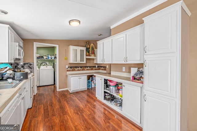 kitchen featuring white appliances, dark wood finished floors, open shelves, light countertops, and white cabinetry