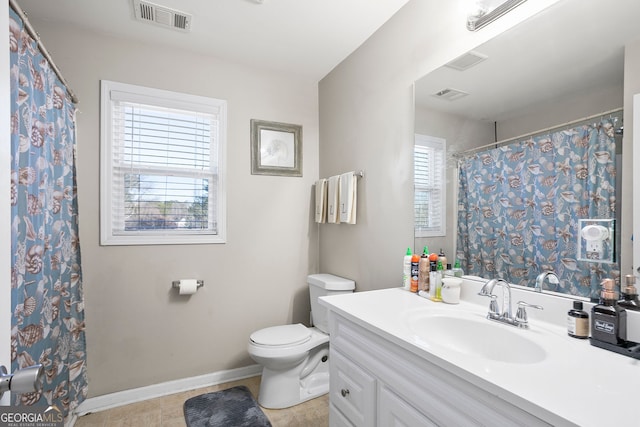 full bath with visible vents, toilet, and vanity