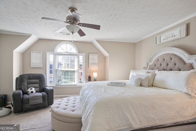 bedroom with carpet flooring, visible vents, and a textured ceiling