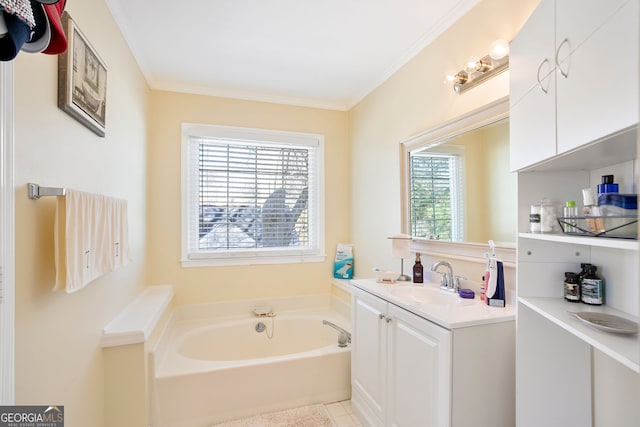 bathroom featuring vanity, tile patterned floors, a bath, and ornamental molding