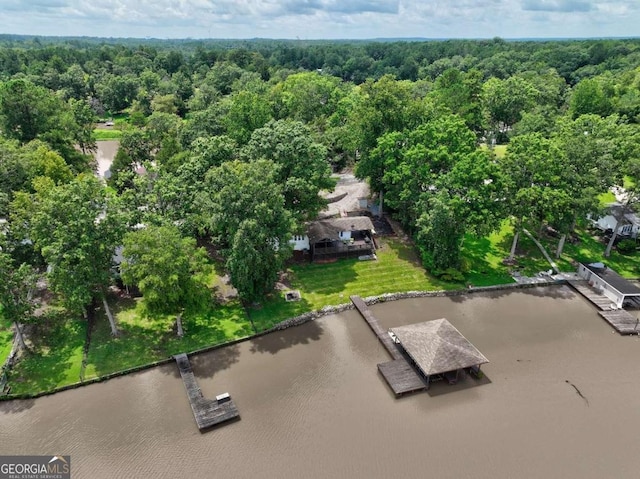 drone / aerial view with a forest view and a water view