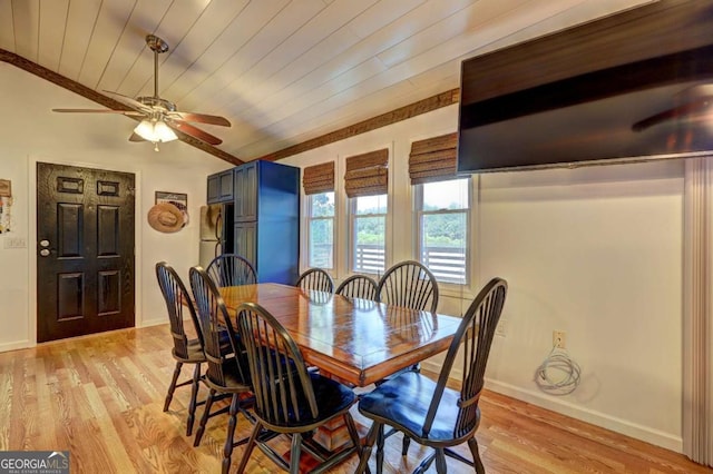 dining room with ceiling fan, vaulted ceiling, wooden ceiling, baseboards, and light wood-style floors