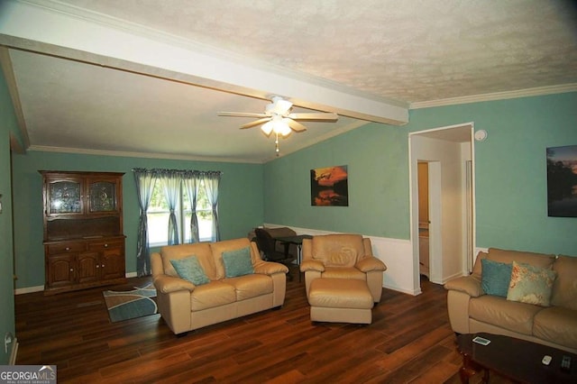 living room featuring lofted ceiling with beams, ornamental molding, wood finished floors, and ceiling fan