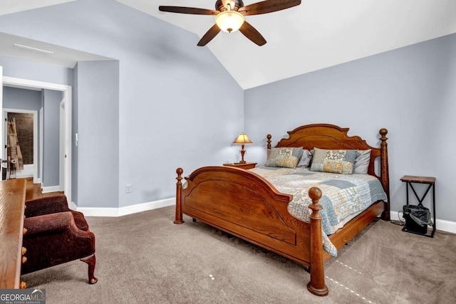 bedroom featuring baseboards, lofted ceiling, carpet, and ceiling fan