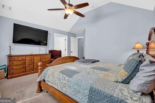 bedroom featuring visible vents, high vaulted ceiling, a ceiling fan, and carpet floors