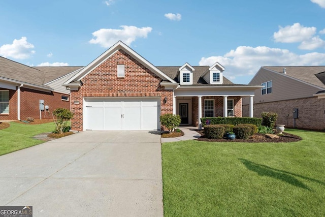 view of front facade featuring brick siding, a front lawn, a porch, concrete driveway, and a garage