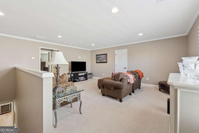 living room with visible vents, recessed lighting, carpet, and ornamental molding