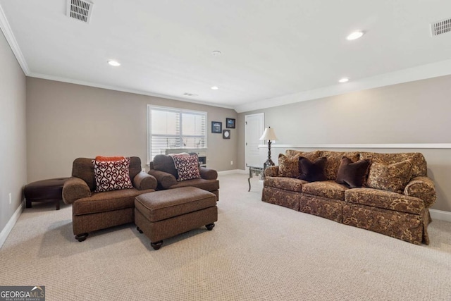 carpeted living area featuring visible vents, recessed lighting, crown molding, and baseboards