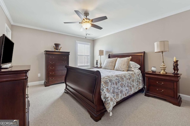 bedroom with baseboards, light carpet, and crown molding