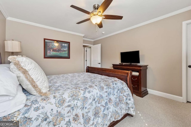 bedroom featuring crown molding, light colored carpet, baseboards, and ceiling fan