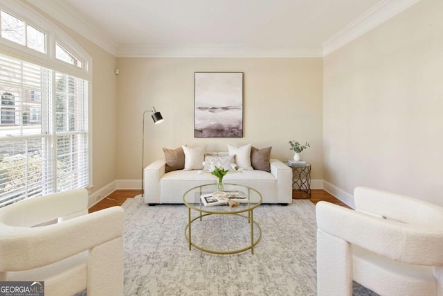 living area featuring wood finished floors, baseboards, and ornamental molding