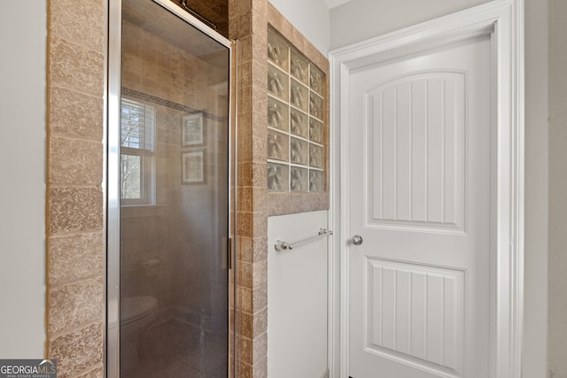 full bathroom featuring toilet and a shower stall