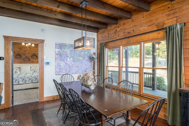 dining area featuring baseboards, beam ceiling, wooden ceiling, and dark wood-style flooring