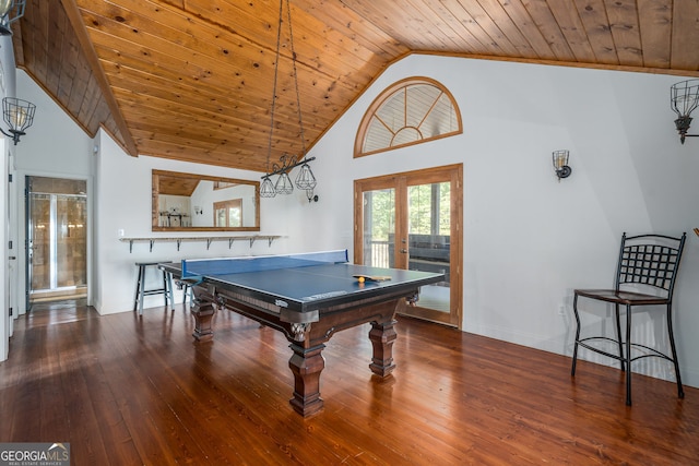 game room with high vaulted ceiling, french doors, wood ceiling, and hardwood / wood-style floors