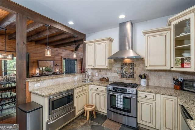 1363 Foxhound Trl NE, Ranger, GA 30734 - kitchen featuring cream cabinets, stainless steel appliances, wall chimney range hood, glass insert cabinets, and a wood ceiling with exposed beams