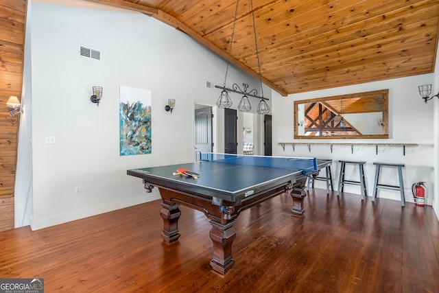 game room featuring wood ceiling, wood finished floors, visible vents, and baseboards