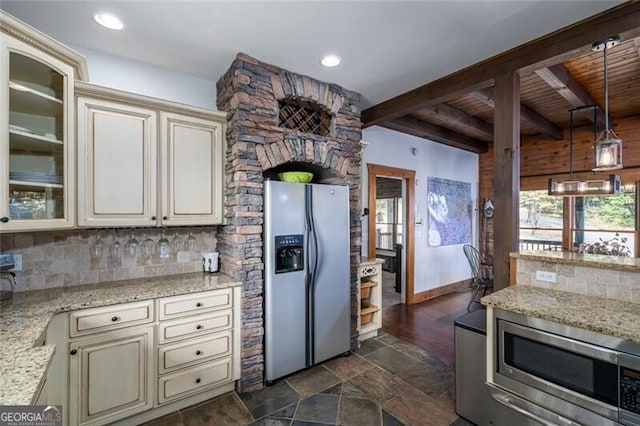 1363 Foxhound Trl NE, Ranger, GA 30734 - kitchen featuring stainless steel appliances, cream cabinets, backsplash, a wooden ceiling with exposed beams, and glass insert cabinets