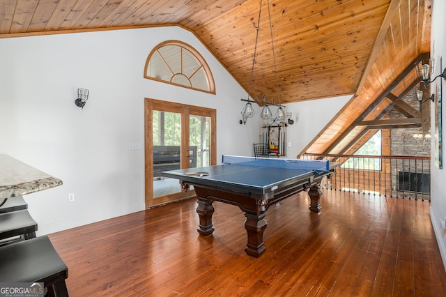 playroom with baseboards, wood ceiling, french doors, hardwood / wood-style flooring, and high vaulted ceiling