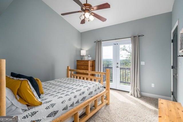 carpeted bedroom featuring access to exterior, baseboards, lofted ceiling, french doors, and a ceiling fan