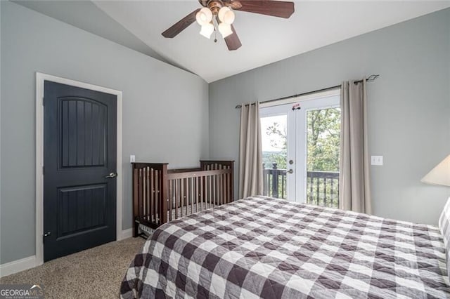 1363 Foxhound Trl NE, Ranger, GA 30734 - carpeted bedroom with vaulted ceiling, access to exterior, and ceiling fan