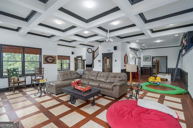 living area with beam ceiling, recessed lighting, baseboards, and coffered ceiling