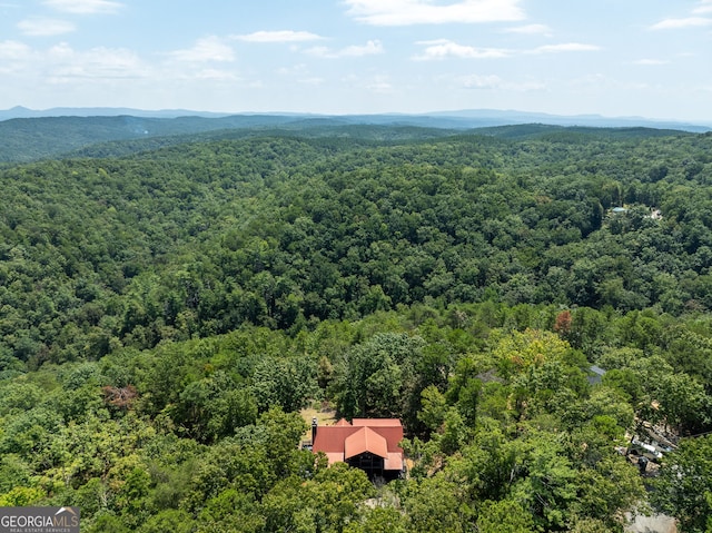 birds eye view of property featuring a mountain view and a wooded view