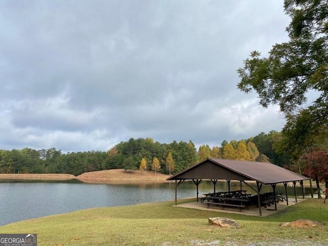 view of community featuring a yard, a view of trees, and a water view