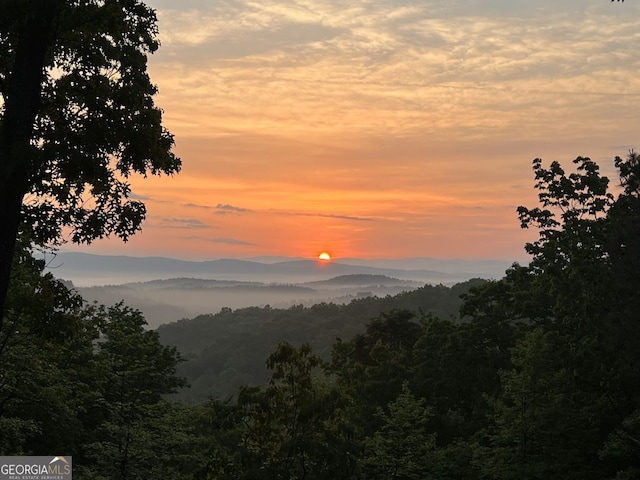 property view of mountains featuring a wooded view