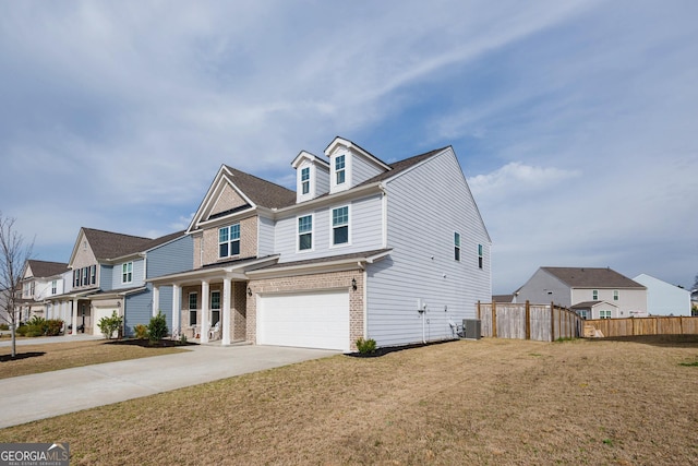 view of front of home with fence, central AC unit, driveway, an attached garage, and brick siding