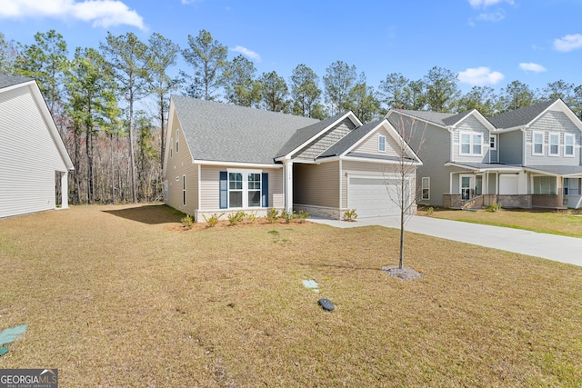 view of front of home with stone siding, roof with shingles, concrete driveway, a front yard, and an attached garage