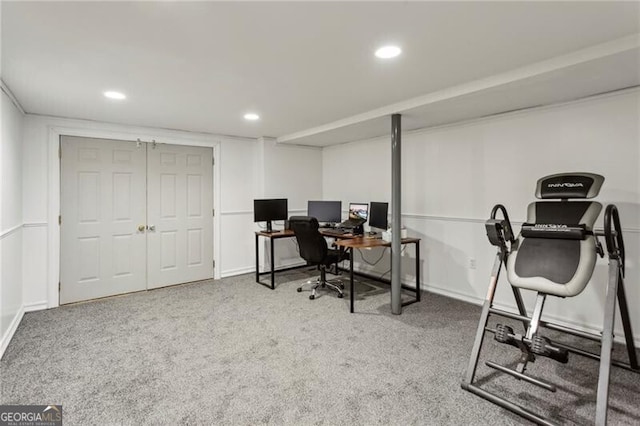 carpeted office space with recessed lighting and baseboards