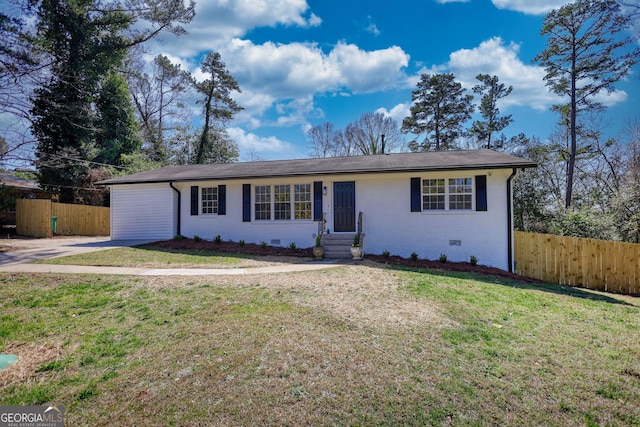 single story home featuring a front yard, fence, entry steps, crawl space, and brick siding