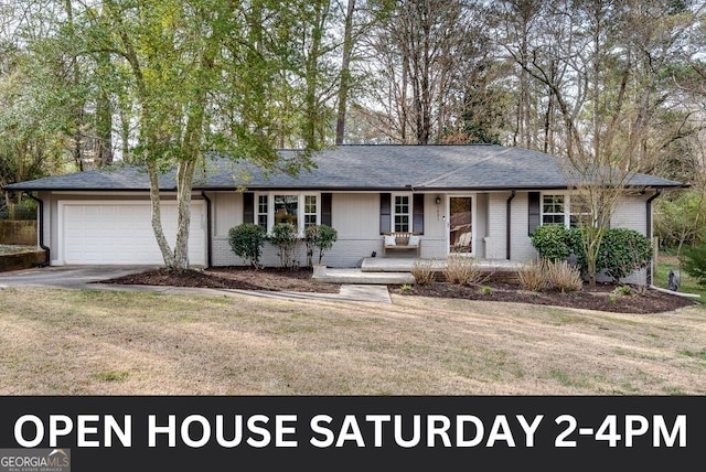 ranch-style home with a porch, an attached garage, a front lawn, concrete driveway, and brick siding