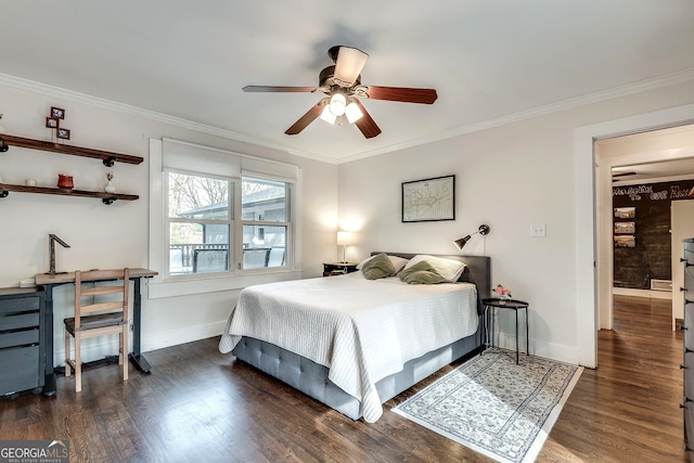 bedroom featuring ceiling fan, baseboards, wood finished floors, and ornamental molding