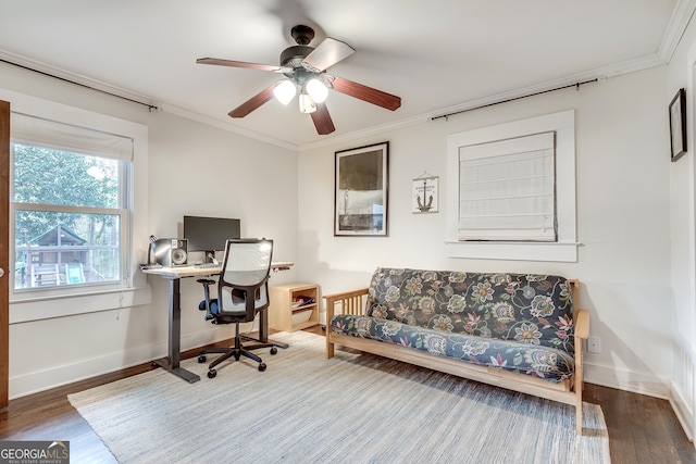 office space with wood finished floors, baseboards, and ornamental molding