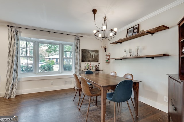 dining area featuring baseboards, an inviting chandelier, dark wood finished floors, and crown molding