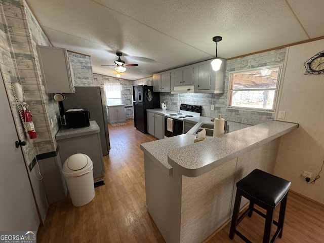 kitchen featuring range with electric cooktop, a peninsula, freestanding refrigerator, wood finished floors, and plenty of natural light