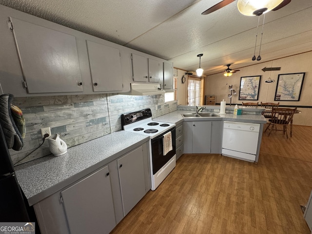 kitchen with white appliances, exhaust hood, ceiling fan, and a sink