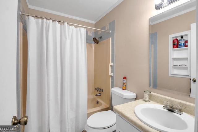 bathroom featuring shower / tub combo, toilet, vanity, and crown molding