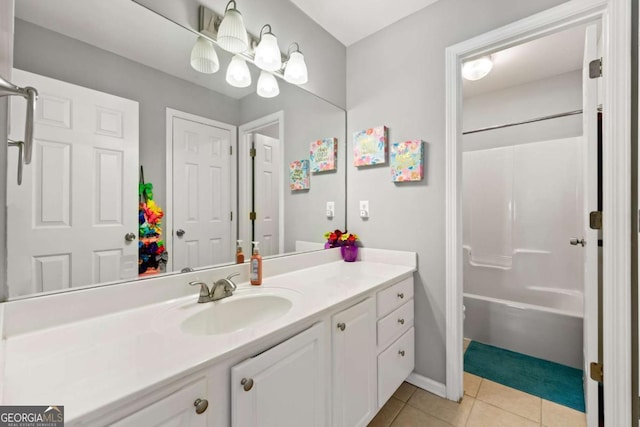 bathroom with vanity, shower / bathtub combination, and tile patterned flooring