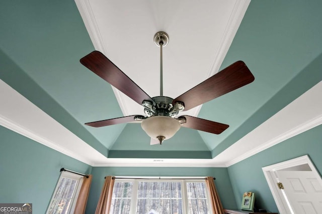 room details with a tray ceiling, a ceiling fan, and ornamental molding