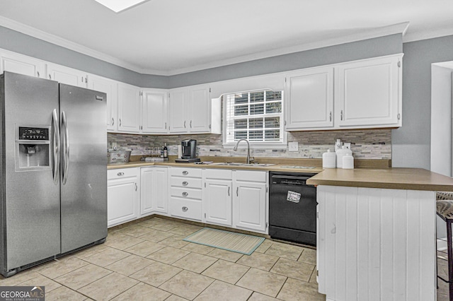 kitchen featuring white cabinets, black dishwasher, stainless steel refrigerator with ice dispenser, and a sink