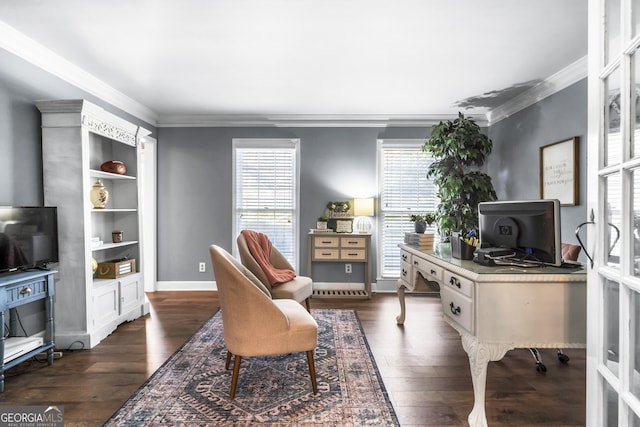 office with ornamental molding, baseboards, and dark wood-style flooring