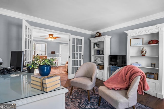 living room with ceiling fan, french doors, wood finished floors, and ornamental molding