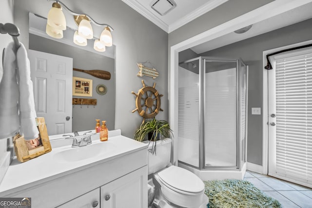 full bath featuring visible vents, tile patterned flooring, crown molding, a shower stall, and vanity