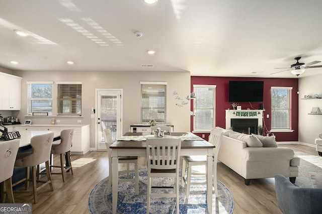 dining area featuring visible vents, ceiling fan, a fireplace, and light wood-style floors