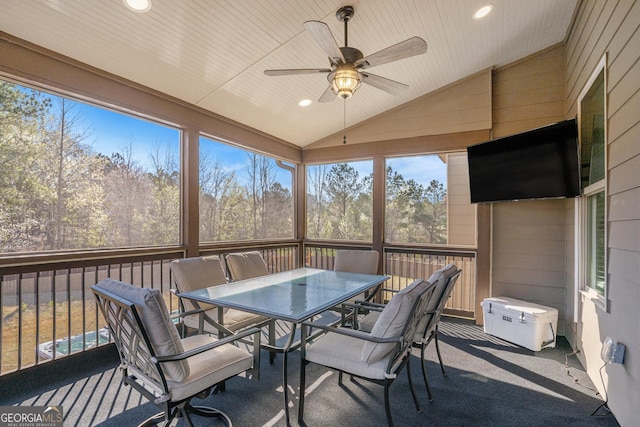 sunroom with lofted ceiling, wood ceiling, and a ceiling fan