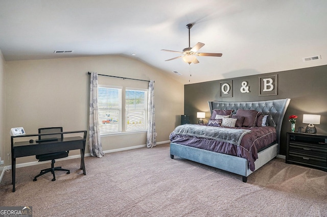 bedroom featuring visible vents, baseboards, ceiling fan, lofted ceiling, and carpet flooring