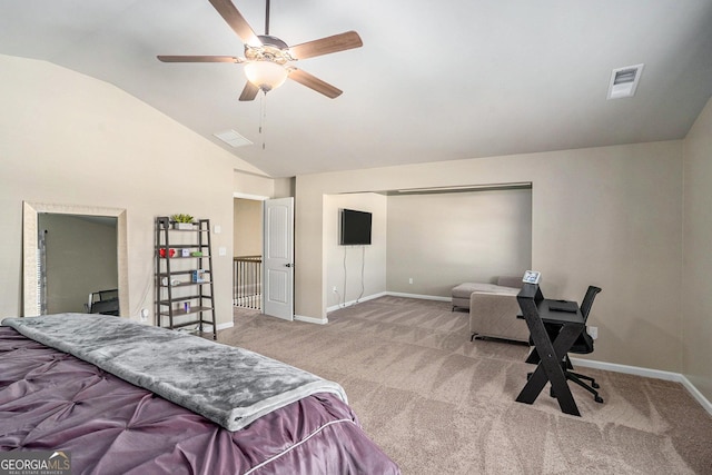 bedroom featuring visible vents, carpet floors, baseboards, and vaulted ceiling