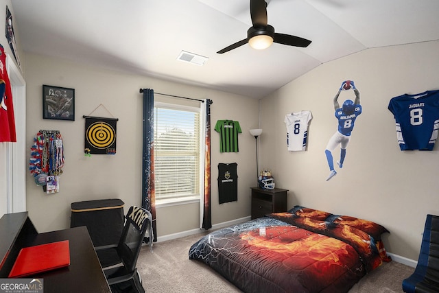 bedroom with visible vents, ceiling fan, baseboards, vaulted ceiling, and carpet floors